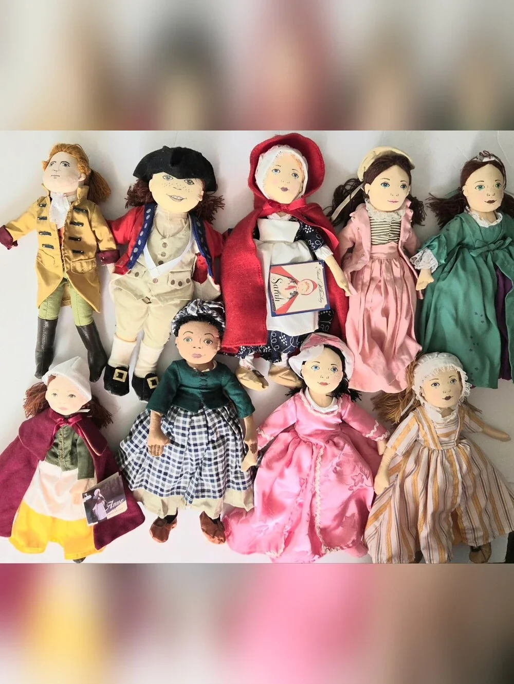 LOT OF 9 HISTORICAL CLOTH DOLLS, PAINTED FACES, COLONIAL WILLIAMSBURG FOUNDATION
